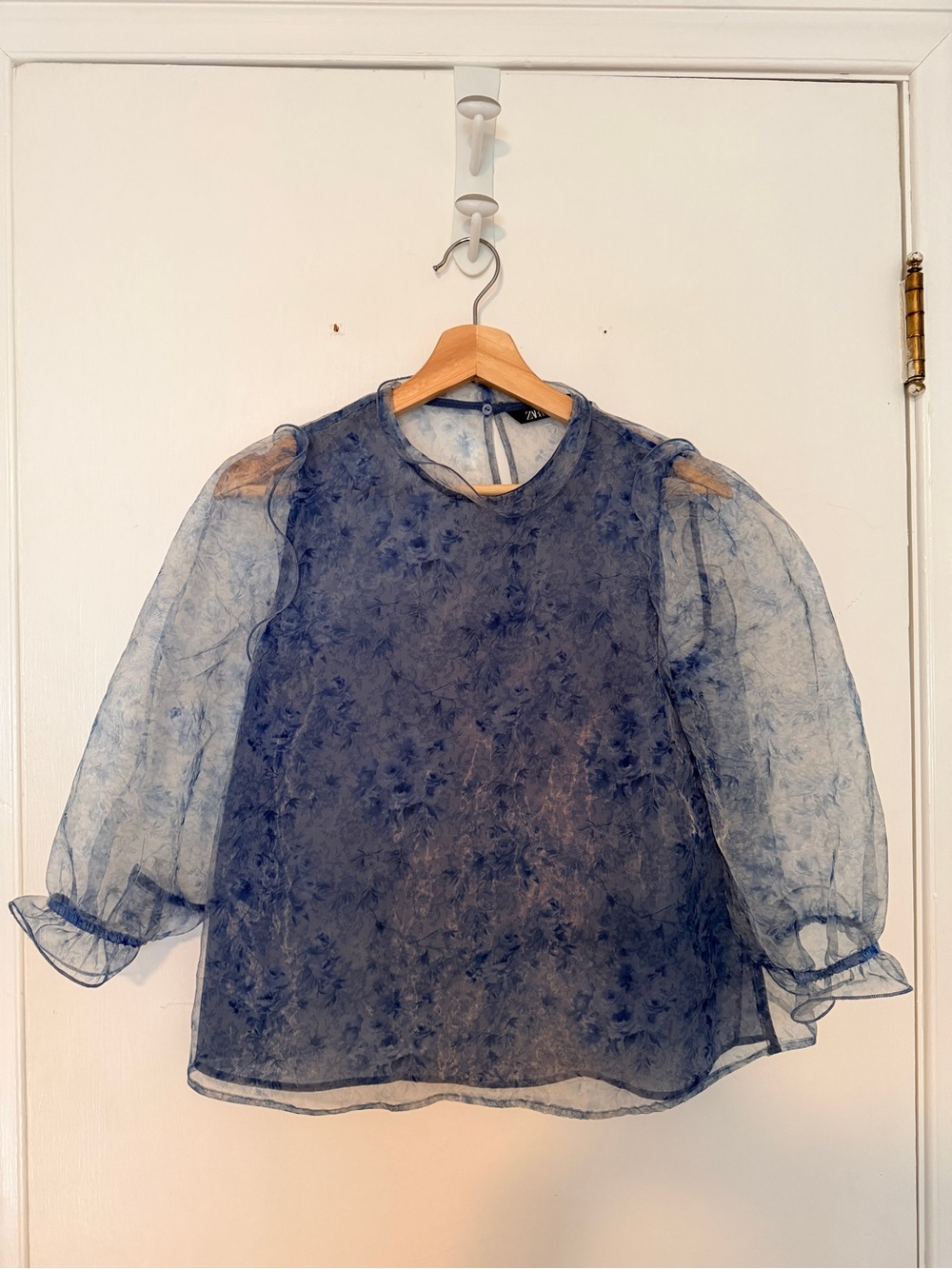 Zara Navy Sheer Floral Puff-Sleeve Blouse